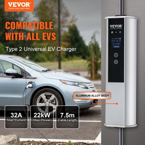 Chargeur EV Portable Type 2 IEC6219 Chargeur Voiture Électrique 32 A 7,36 kW Monophasé 22 kW Triphasé Câble de Charge 7,5 m Prise C… (1/5)