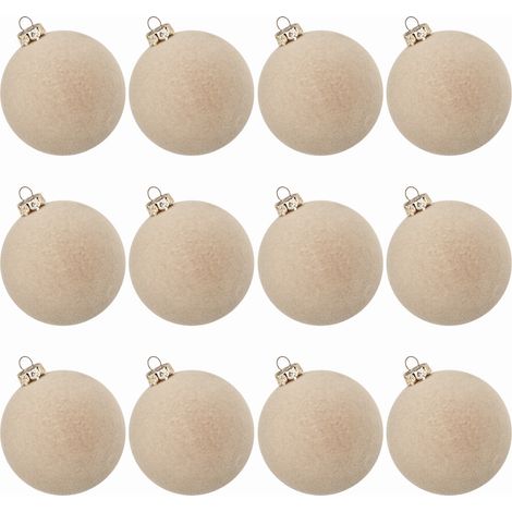 12 boules de Noël à suspendre au sapin, décorations en velours floqué de 6 cm, ornements vintage incassables pour les fêtes de Noël (beige) (1/5)