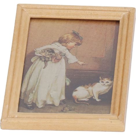 Mini cadre en bois peint pour maison de poupée, représentant une fille et un chat. Cadre photo miniature portable et raffiné pour maison de poupée à l'échelle 1/12. (1/5)