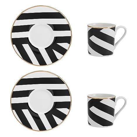 Mikasa LuxeDeco Set de Espresso Cup and Saucer de Espresso in Porcelain, 2x Espresso Cups de and Saucers with Geometric Print, Tazze de Caffè de 100ml - In Scatola de regalo e lavabile in lavastovigli