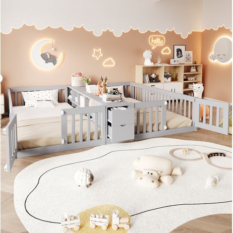 Lit double enfant 219.6x204x33.5 cm gris en bois avec barrières, étagères et tiroirs (1/5)
