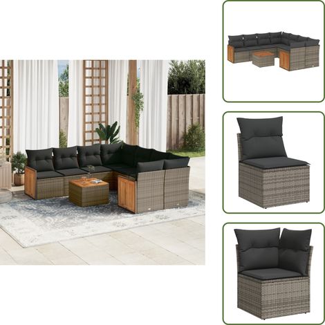 9-tlg. Garten-Sofagarnitur mit Kissen Grau Poly Rattan - Gartenmöbel Set - Rattan Möbel - Outdoor Lounge - Esstisch - Sofasatz (1/5)