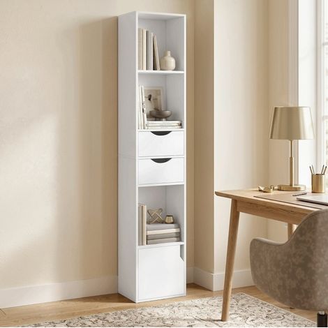 Estantería estrecha 30x24x158 cm con 2 cajones y 3 estantes ajustables, ahorra espacio, MDF blanco (1/5)