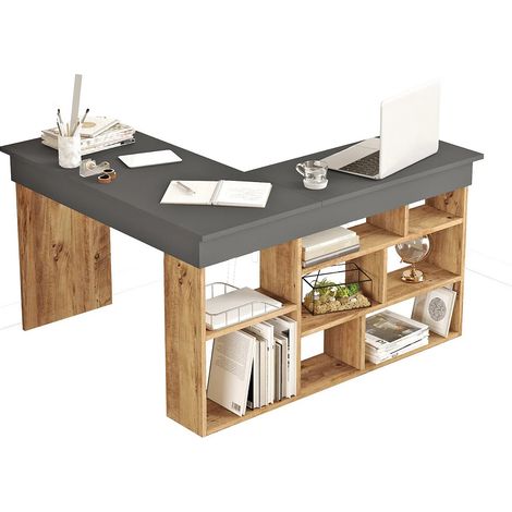Bureau d'angle avec rangements - Coloris : Anthracite et naturel - LILEUL