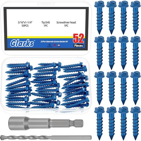 52pcs 3/16 x 1-1/4 '' fente Hex rondelle tête béton vis kit d'ancrage, bleu vis de ciment lourd avec broche de forage et broche de pilote pour l'ancrage à la maçonnerie, stuc (1/5)