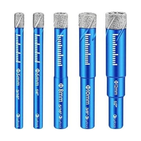 Lot de 5 forets pour céramique, verre, granit, marbre, quartz, foret spécial pour verre, ouvre-trou pour carrelage, foret diamanté pour carrelage, foret pour carrelage métallique de 5, 6, 8, 10, 12 mm (1/4)