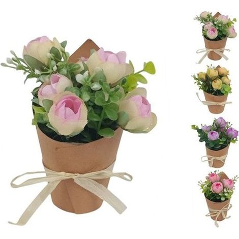 TRADE SHOP - Set 12pz Bouquet Di Fiori Finti Piantina Di Rose Con Cartoncino Fiocco 4 Colori 656860 - (1/3)
