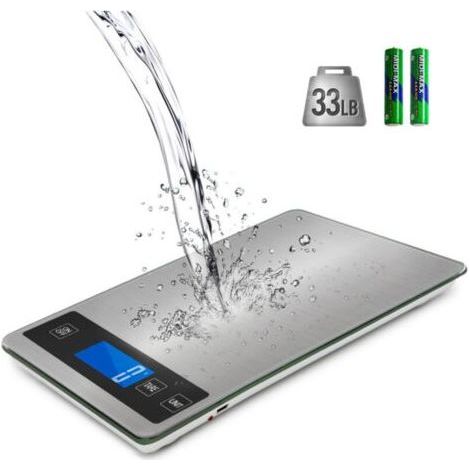 Balance de Cuisine Electronique, Balance Alimentaire Numérique de Précision 1g en Acier Inoxydable, Capacité 15kg/ 33lb, Grande Plate-forme de 23 x 16 cm, Écran LCD Rétroéclairé, Verre Trempé (1/5)