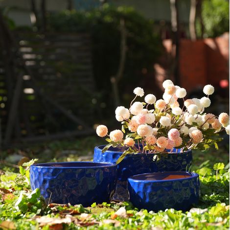 Pot de fleurs en céramique 3 pièces, bleu antique, avec trou de drainage, intérieur/extérieur HAVRYA (1/5)