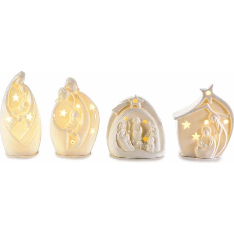 Presepe con Sacra Famiglia luminoso in porcellana bianca con luce LED, set da 4 pezzi, cm 6 x 6 x 12,5 H