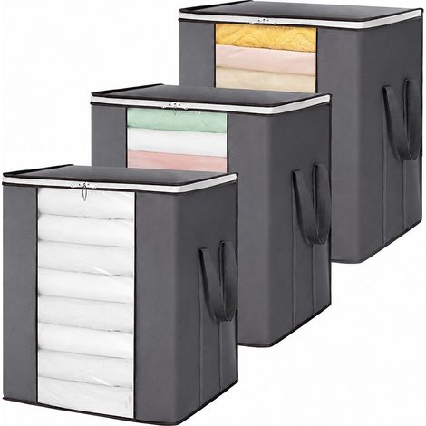 Sac de rangement grande capacité 100 L, organisateur de penderie pliable avec poignée renforcée, gris, pour couettes et vêtements, gris 100 L (lot de 3) (1/5)