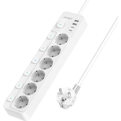 Steckdosenleiste mit 6 Steckdosen, Einzelschalter, 4 USB-Anschlüssen, 2 m Kabel, für Zuhause, Büro und Küche (1/5)