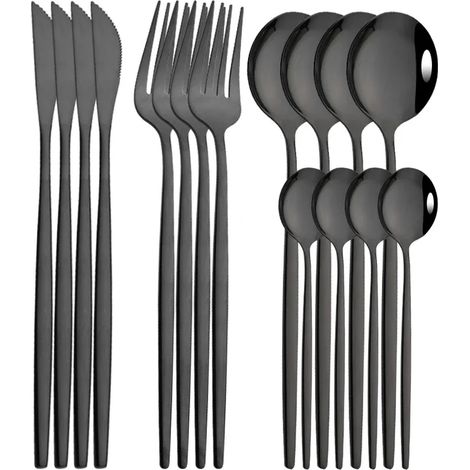 (Ensemble de couverts noirs en acier inoxydable de 16 pièces, comprenant un couteau, une fourchette et une cuillère à café, pour un usage domestique) (1/5)