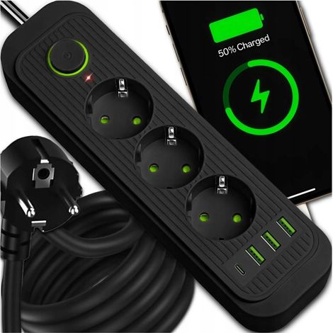 Cable de extensión de 2 metros, enchufe de 3 clavijas con toma de tierra, cable USB negro. (1/5)