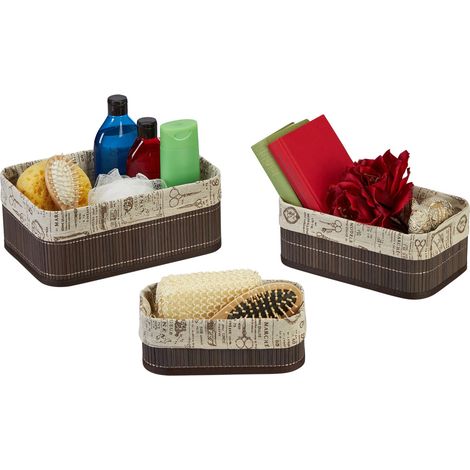Relaxdays Set 3 Cestas de Almacenaje, Cajas Organizadoras Bambú, Cajitas Baño o Pañuelos, Funda de Tela, Marrón y Beige