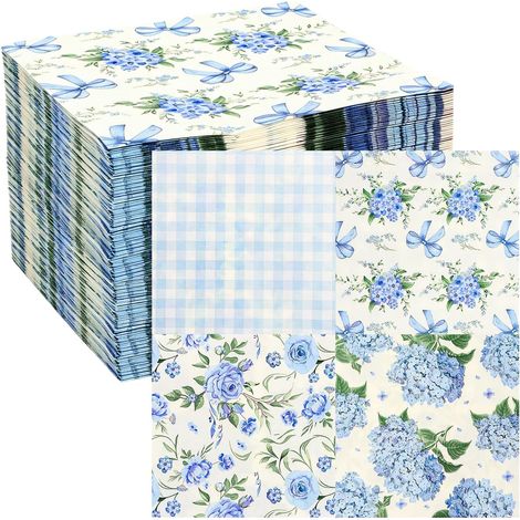 100 Pièces Serviette Papier Bleu Doux à Motif Hortensia pour les Anniversaires, les Partys, les Mariages, la Kommunion et les Célébrations