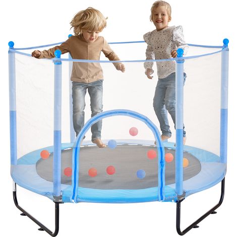 Mophorn Trampolín para niños de 60", minitrampolín para niños pequeños de 5 pies para interiores y exteriores con red de seguridad y aro de baloncesto, regalo para niños de 3 años o más, azul (1/5)