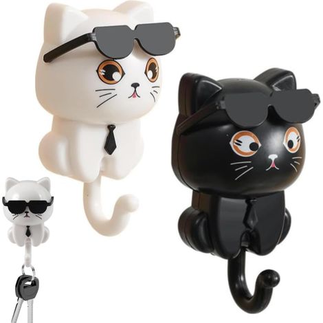 Lot de 2 Crochets Autocollants Mignons en Forme de Chat,Porte-clés Décoratifs Adhésifs pour Manteaux, Serviettes et Clés,Décoration Murale Pratique (Noir,Blanc) pour Salon, Entrée ou Chambre (1/5)