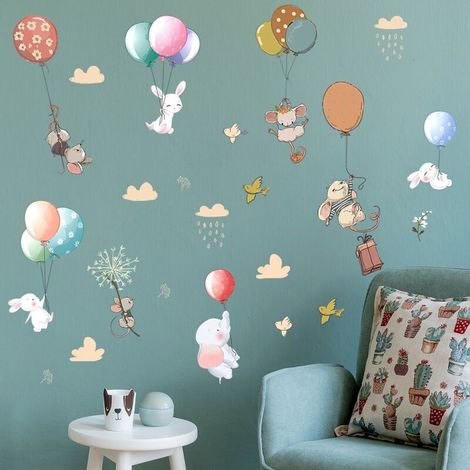 Stickers Muraux Ballons avec Animaux Autocollant Mural Souris lapin Eléphant Décoration Murale Chambre Enfants Bébé Pépinière (1/5)
