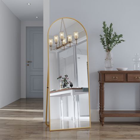 JOOKGBD- Gewölbter Ganzkörperspiegel 162x53 cm, Standspiegel aus Aluminium, Wandspiegel oder Boden Spiegel, Großer Spiegel für Schlafzimmer Wohnzimmer Flur, Aluminium, Gold