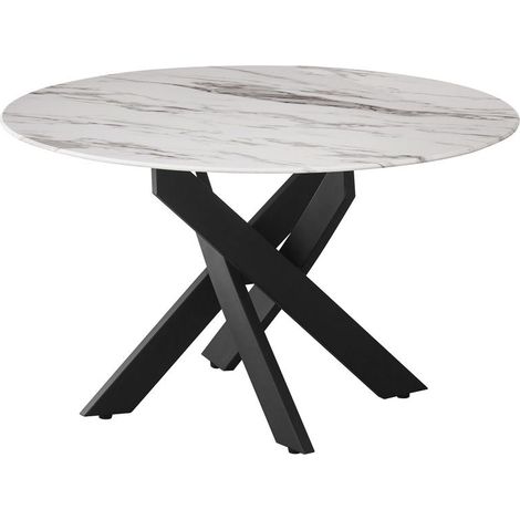 Table Basse JESSY Ronde Plateau Verre Trempé Marbré Blanc Pieds Métal Noir D80x45cm (1/5)