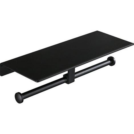 Porte Rouleau de Papier Toilette Hygiénique Sans Perage avec Etagère de Téléphone Portable Support Mural Double pour Salle de Bains (Noir) (1/4)