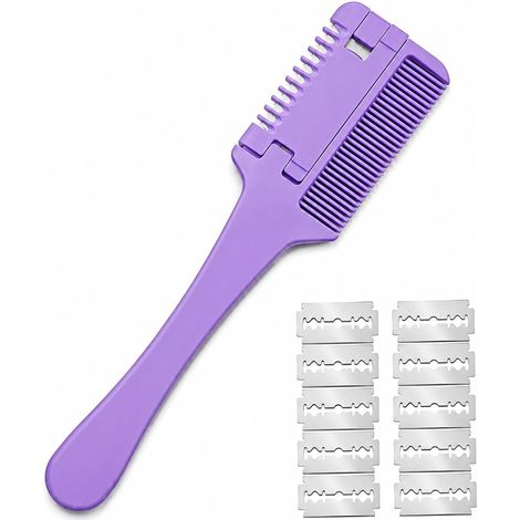Peigne Rasoir pour Cheveux Violet (1 Peigne + 10 Lames), Peigne Coupe et Effiler Double Face pour Désépaissir, Coupe de Cheveux DIY Facile et Sécurisée à la Maison (1/5)