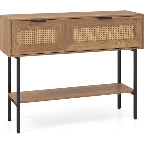 Console en rotin naturel avec portes rabattables et étagère ouverte, piètement métal, pour entrée, salon et derrière canapé (1/5)