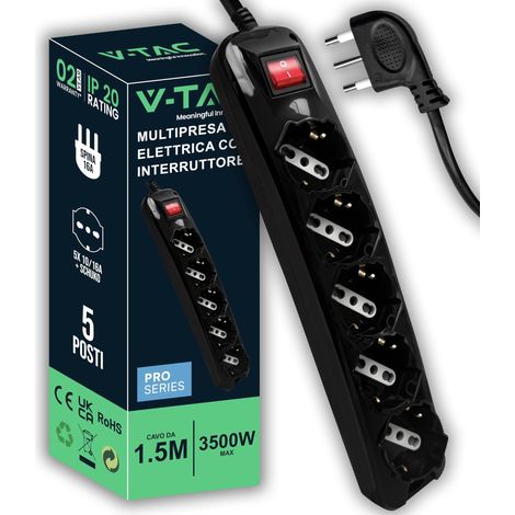 V-TAC Multipresa Elettrica Nera 5 PRESE con Interruttore e Cavo da 1,5 Metri - 5 Prese 10/16A Bipasso + Schuko - Spina 16A - Ciabatta Multipresa - Presa Elettrica per Casa, Ufficio - Colore Nero (1/5)