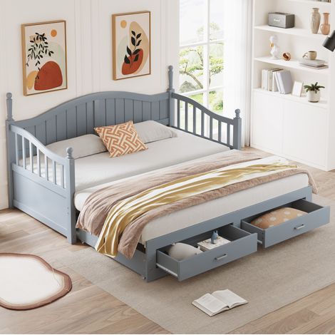 Cama nido sofá clásica de madera gris 90x190/180x190 cm con cabecero curvo, 2 cajones y somier de láminas