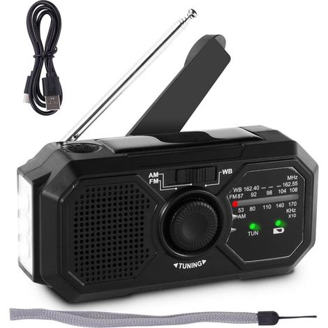 Aougo – Kurbelradio Solarlade-Handkurbel-Stromerzeugungsradio – für Camping, Wandern, Angeln – USB, LED-Taschenlampe, SOS-Alarm – 1200mAh, 6h Spielzeit (1/5)