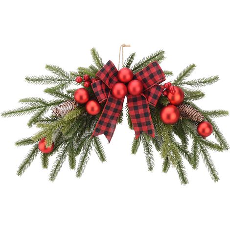 Dekorative künstliche Weihnachtsgirlande für die Haustür, mit Schleife, roten Beeren und Tannenzapfen, für den Innen- und Außenbereich, Fenster, Wand, Kamin, Typ B (1/2)