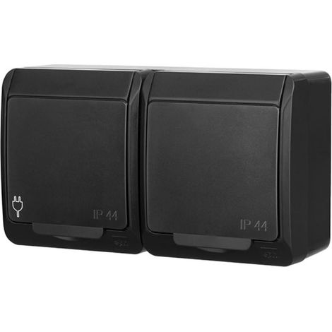 Enchufe doble de superficie hermético Hermes con toma de tierra 2x2P+Z Schuko IP44 negro 0325-09