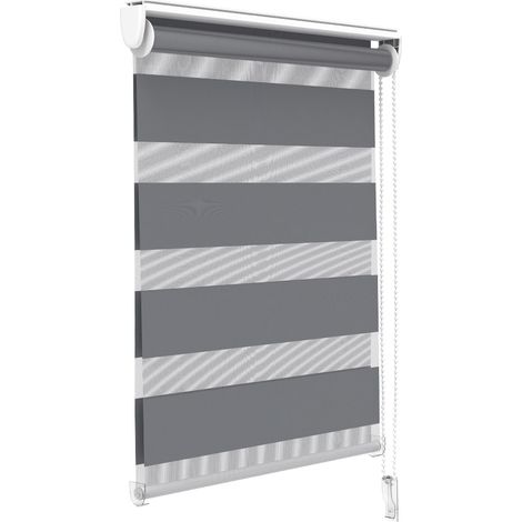 VOUNOT Zebra Roller Blind Double Fabric, Day and Night Translucent or Blackout Vision Curtains, No Drilling for Window and Door , Grey, 55 x 150 cm (1/5)