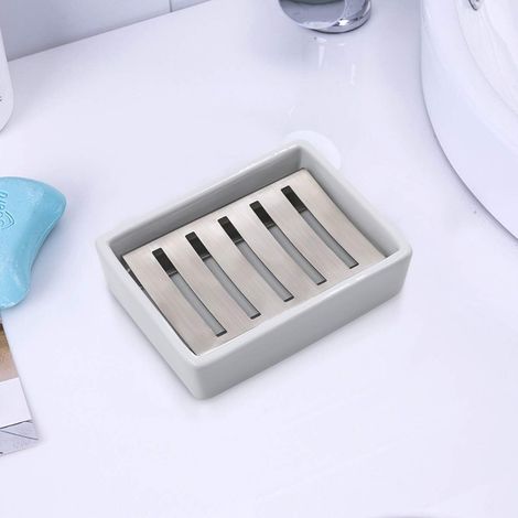 Ulable SUS304 Stainless Steel Ceramic Soap Dish for Bathroom, Double Layer, Self-Draining Soap Dish, Say No to Fluffy Soap, Easy Cleaning (White) (1/5)