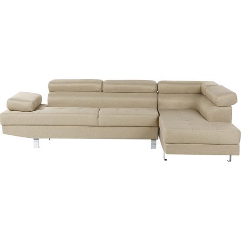 Sofá esquinero con reposacabezas y reposabrazos ajustables en forma de L de tela beige claro Norrea (1/5)