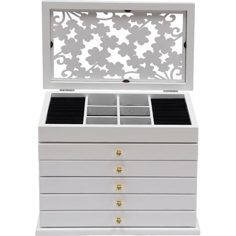 Joyero, diseño de 6 niveles, elegante almacenamiento de madera, BLANCO, L (1/2)