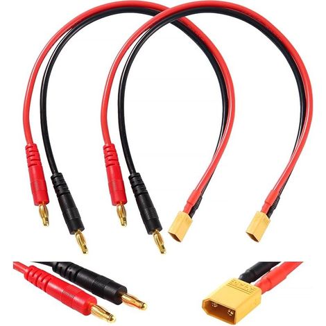 2 Pièces XT30 à 4.0 Banane Plug RC Câble de Charge de la Batterie, Connecteur XT30 à 4mm Fiche Banane avec 30cm 14AWG Câble en Silicone, pour RC Hélicoptère Quadcopter Lipo Batterie (1/5)