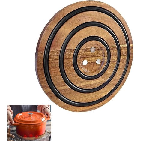 Sous-plat En Bois D'Acacia Avec Aimant - Résistant À La Chaleur Jusqu'à 260 °C - Pour Casseroles Et Poêles - Diamètre 20 Cm - Épaisseur 1,3 Cm - 1 Pièce (1/5)