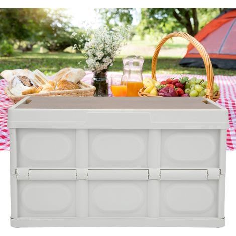 Boîte de rangement pliable 30L multifonction pour extérieur, renforcée et portable avec panneau en bois, couleur blanc (1/5)