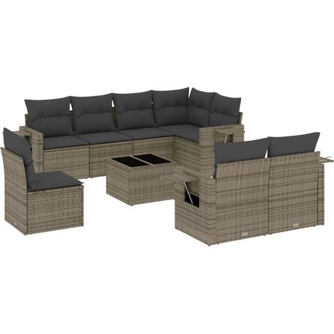 Salon de jardin 9 pcs Mobilier de jardin avec coussins gris résine tressée (1/5)