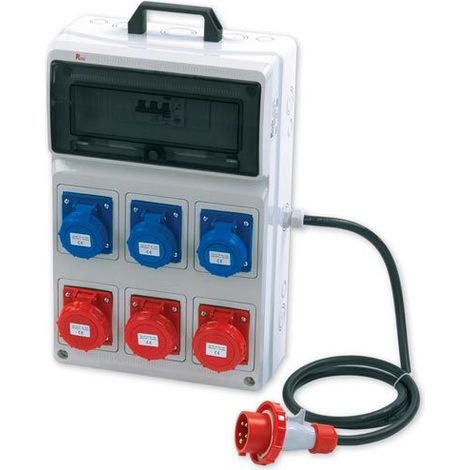 Quadro ASC portatile, 3KW 230V/9KW 400V, IP65, 3 prese 2P+T 16A e 3 prese 3P+T 16A , spina 3P+N+T 16A, con magnetotermico differenziale e pulsante di emergenza - Rosi 2281