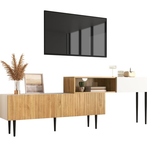CHICFURN Mueble TV modular 220 x 30 x 63,5 cm madera y blanco, patas metálicas negras (1/5)