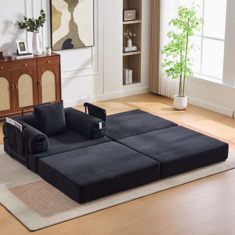 Sofá modular de terciopelo 112x190x67 cm, con asiento acolchado, bolsillo lateral, cojín, negro (1/5)