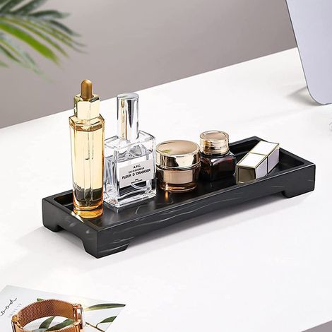 Plateau de rangement pour salle de bain, organiseur de comptoir pour bougies, savons, serviettes, parfums, bijoux, objets décoratifs, marbre noir (1/5)