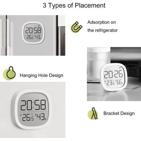 Magnetischer digitaler LCD-Wecker mit Thermometer, Datums-, Temperatur- und Luftfeuchtigkeitsanzeige, zur Wandmontage. 12-/24-Stunden-Format. Ideal für Zuhause, Küche und Büro (weiß).