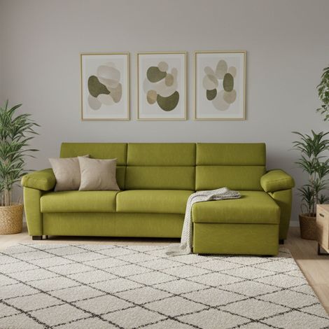 Sofá Cama con Chaise Longue Priverno, Desenfundable, Almacenaje, Hecho en Italia, Hidrófugo, Multiusos, 285x160 cm Verde (1/5)