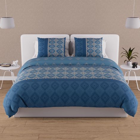 Parure housse de couette en coton 57 fils 260x240 cm ETHNO bleu, par Soleil d'ocre