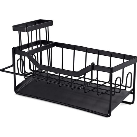 Organisateur pour Évier Noir Acier au Carbone, Porte-Éponge avec Égouttoir, Support pour Brosse Vaisselle et Porte-Serviette, À Poser ou Fixer au Mur, 23,5 x 9 x 14 cm, Noir (1/5)