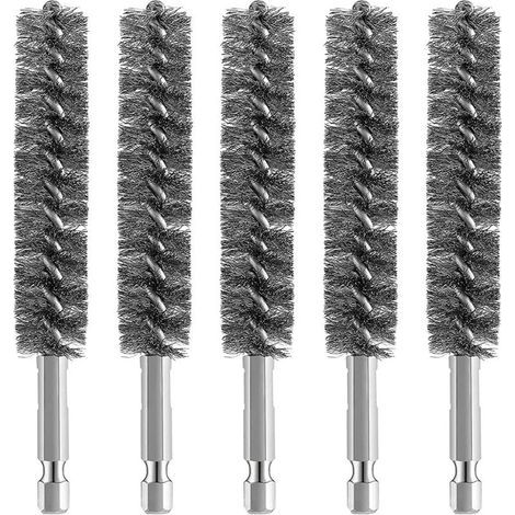 Pack of 5 stainless steel drill brushes, wire brush for drill cleaning, wire brush, stainless steel brush with hexagonal shaft handle, for metal and stone, wire brush for drills, pipe brush for boiler (1/4)